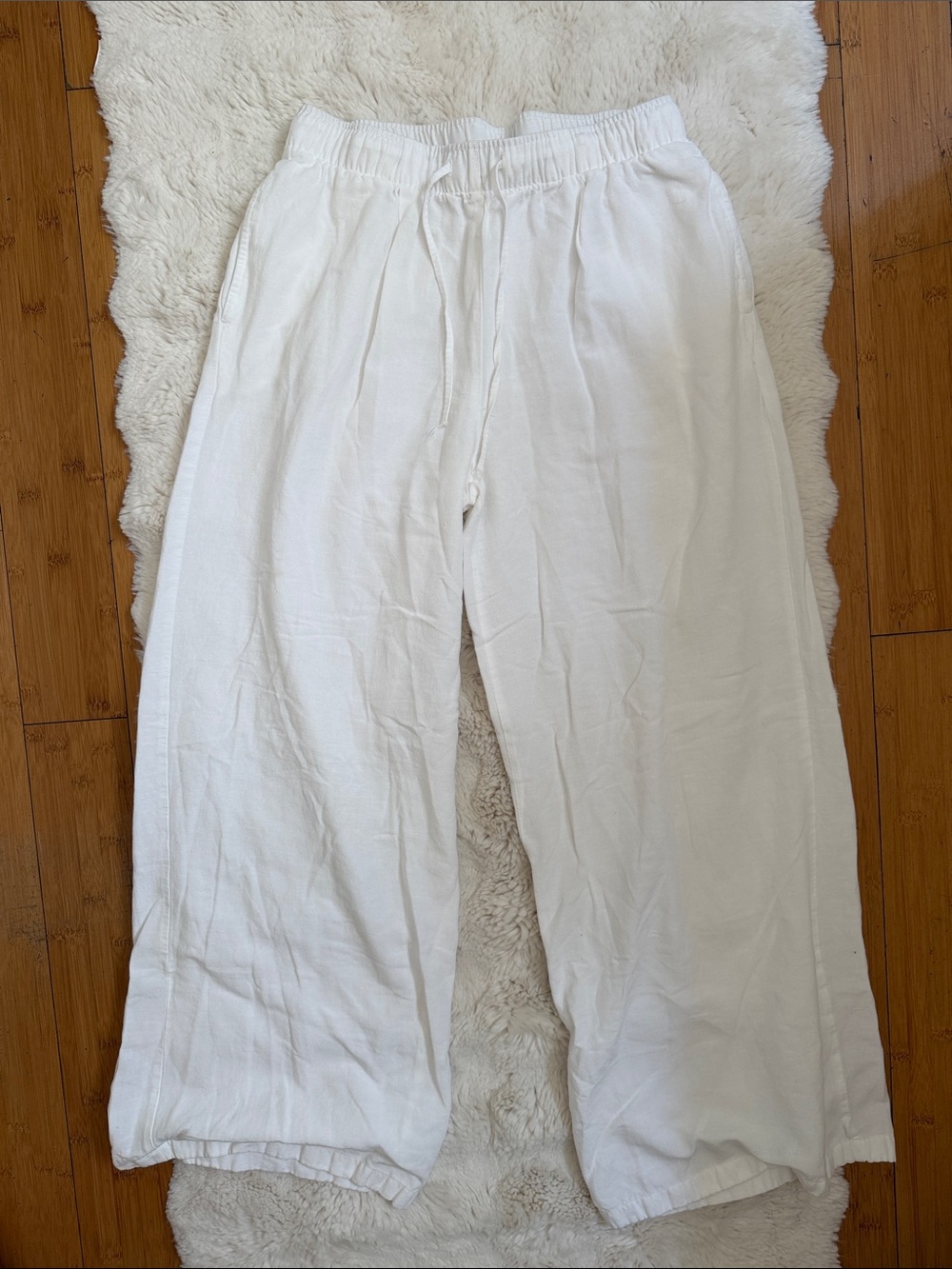 Stradivarius White Wide-Leg Linen Drawstring Pants